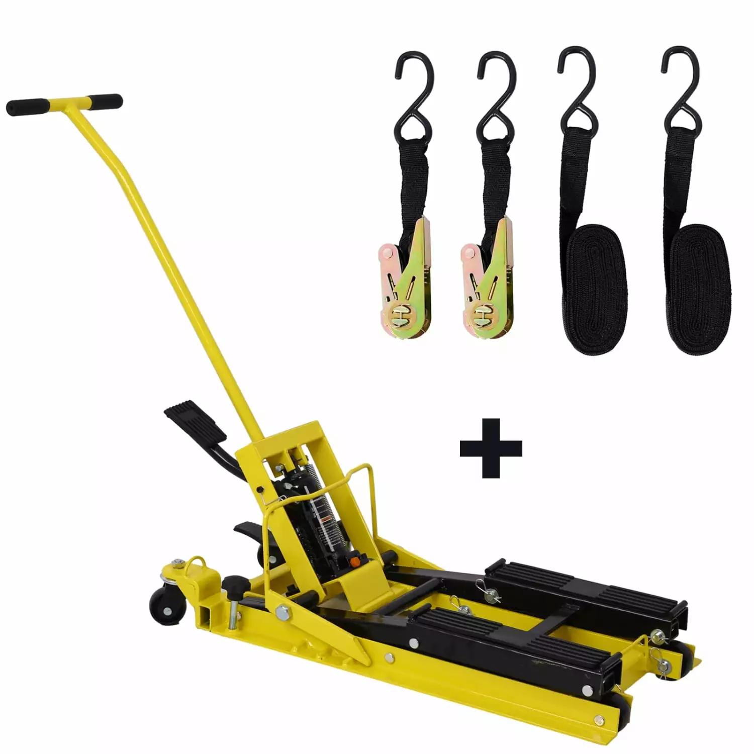 Portable 1500 LBS Capacity Hydraulic Motorcycle Lift Jack with 4 Wheels for ATV Scissor Lift Table Yellow Foot-Operated Hoist Stand with Tie Down