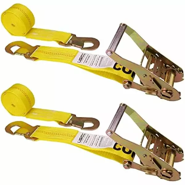 US Cargo Control. Flat Hook Ratchet Strap. Ratchet Tie Down. 2 Inch X 30 Foot. Green Ratchet Strap With Black Flat Hook. Weather Resistant Strap. 3.333 Pound Working Load Limit. 2 Pack