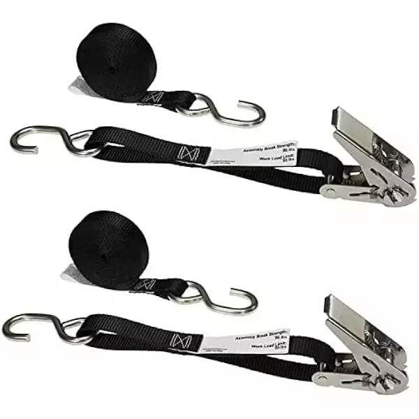 ZJINJIN. Stainless Steel Ratchet Strap Tie Down. 1 Inch Wide X 10 Foot Long. Black Tie Down Strap. Stainless Steel Thumb Ratchet. Tie Down with S Hooks. Straps to Secure Cargo. 2 Pack