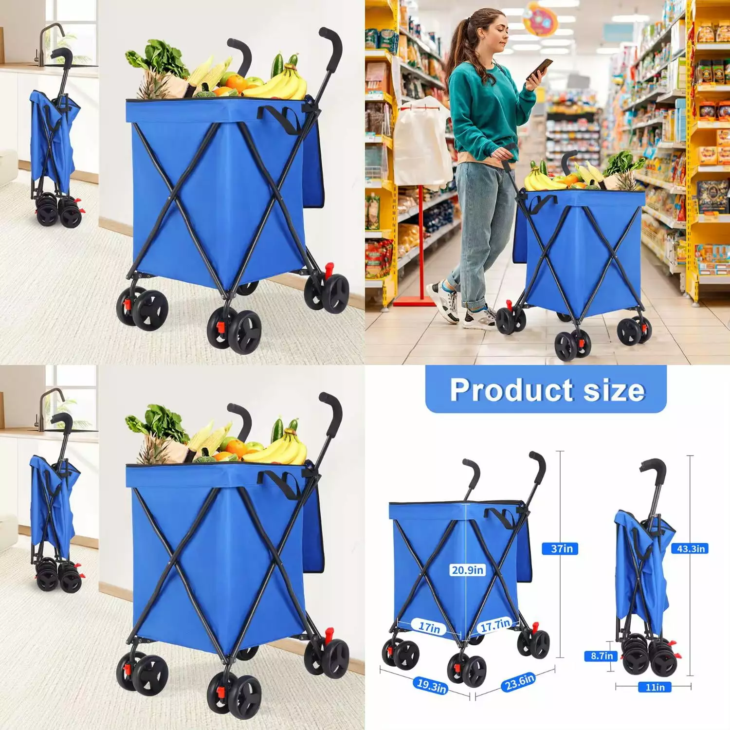 ZNGXYU Lightweight Portable Blue Folding Hand Truck with Telescopic Handle for Easy Travel. Black Big Cart with Backpack Trolley Design for Convenient Moving and Shopping.