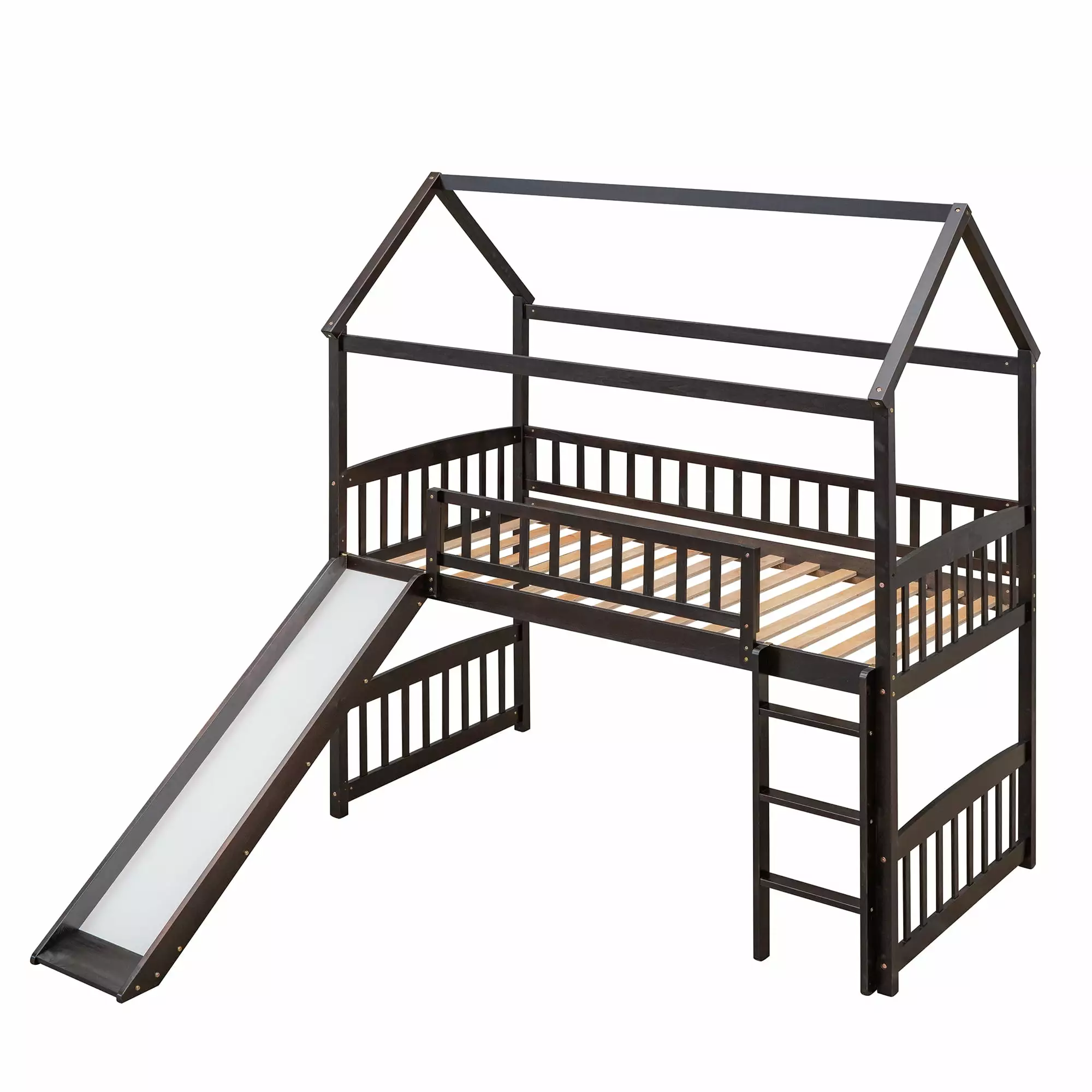 Hombay Kids Child Twin Loft Bed with Slide. Pine Wood Play House Bed Frame with Roof Ladder Guardrails. No Box Spring Needed